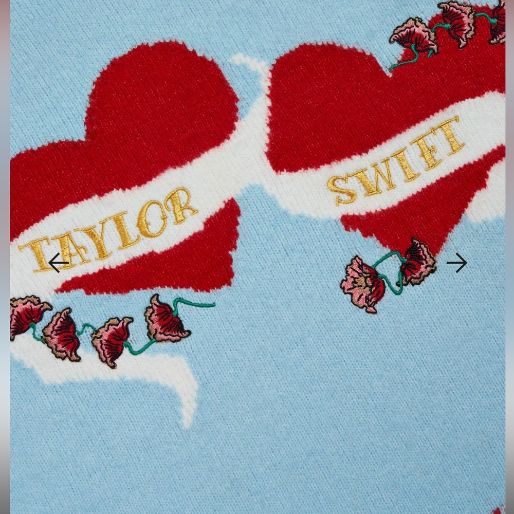 Taylor Swift Light Blue Sweater with Red Hearts - Picture 3 of 7